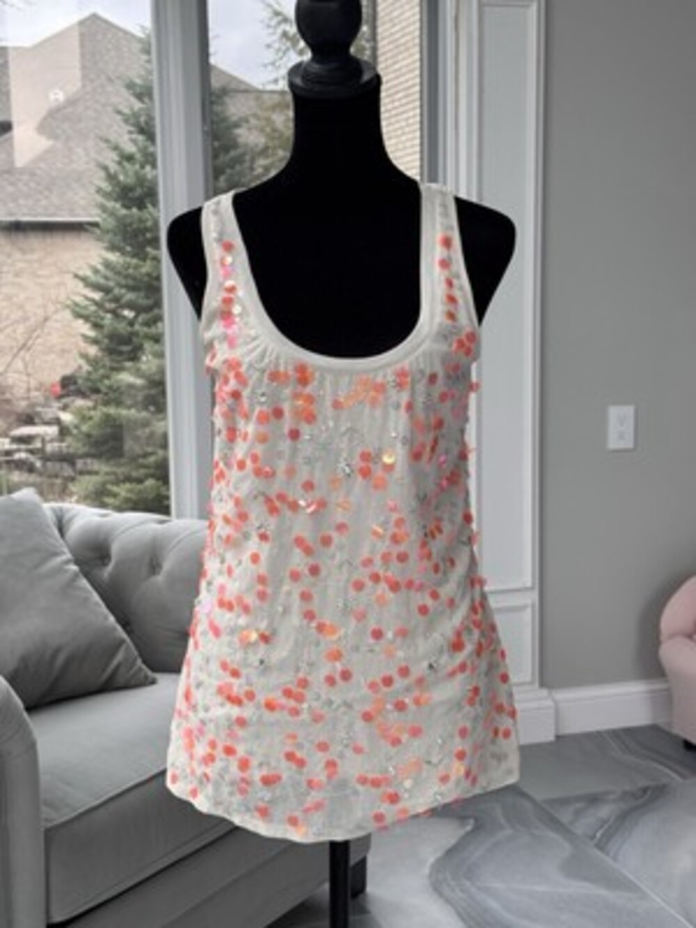 Express Sequin Beaded Top Size Small Tank Top Embellished Gray Orange